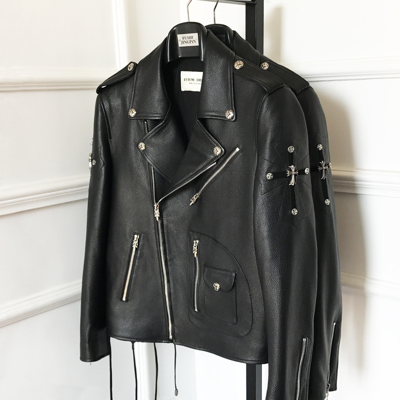 FTN TREND Obama legs locomotive genuine leather leather clothing cross decorate cowhide Jacket coat Haining