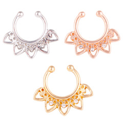 European and American popular personalized fashion diamond-studded hollow flower pattern fake nose ring U-shaped nose clip body piercing jewelry wholesale