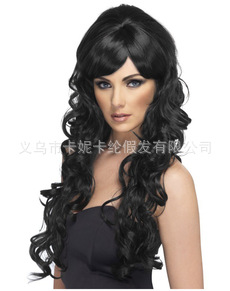 Largo negro ondulado roll mujer estrella coscoscosplay peluca