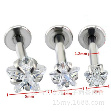 Пятиконечная Звезда Плоское дно губы гвоздь ухо кость гвоздь аксессуары для ушей титановая сталь Циркон пятиконечная звезда гвоздь для губ G32