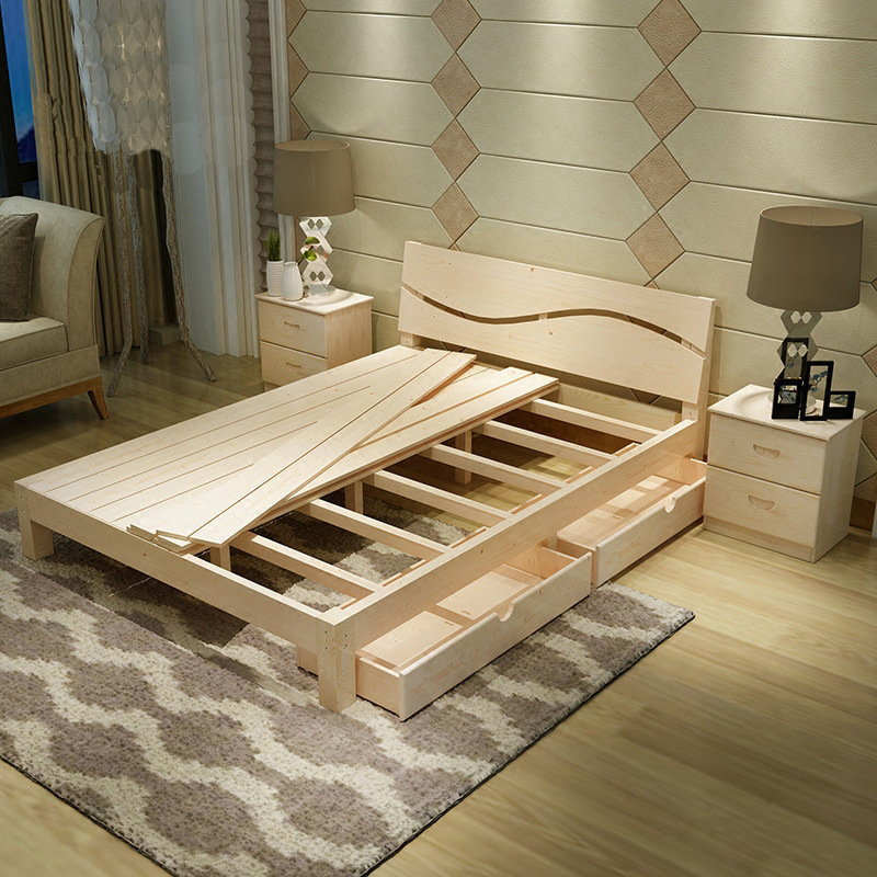 Direct sales 1.8 meters solid wood double bed 1.5 pine wood children bed bedroom bedroom adult log bed Chinese simple bed wholesale