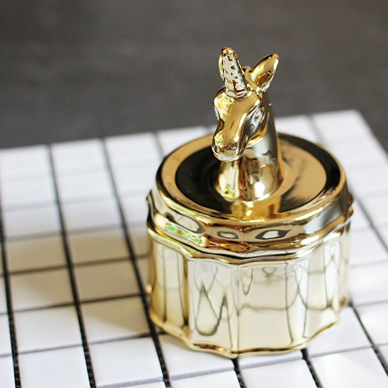 跨境现货批发北欧工艺品摆件收纳罐蜡罐礼品电镀独角兽首饰盒陶瓷|ms
