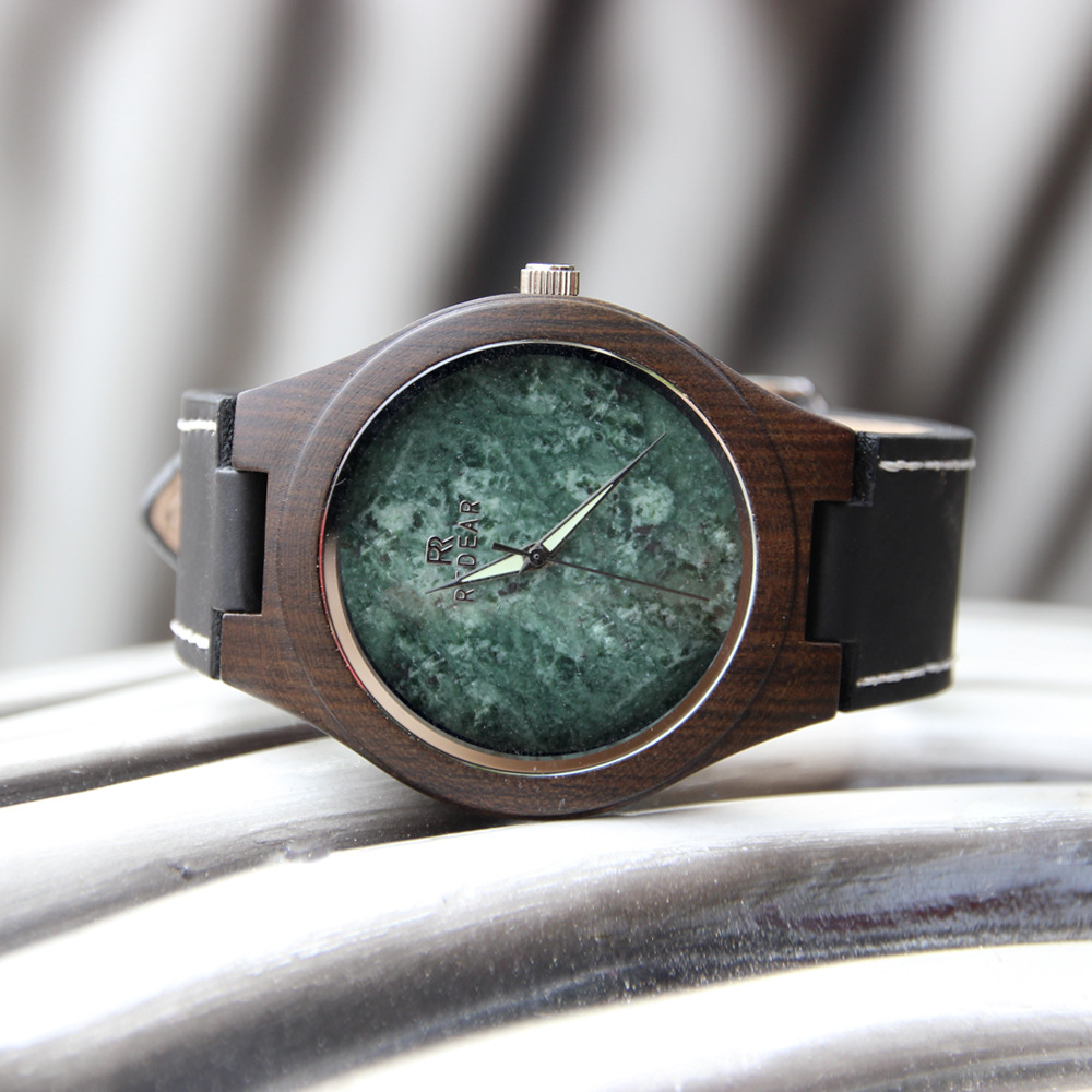 速卖通亚马逊热卖黑檀木头手表  简约大理石面夜光针男士石英表