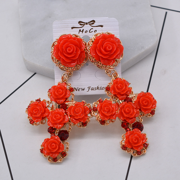 European And American Exaggerated Baroque Rose Flower Cross Big Flower Earrings display picture 2