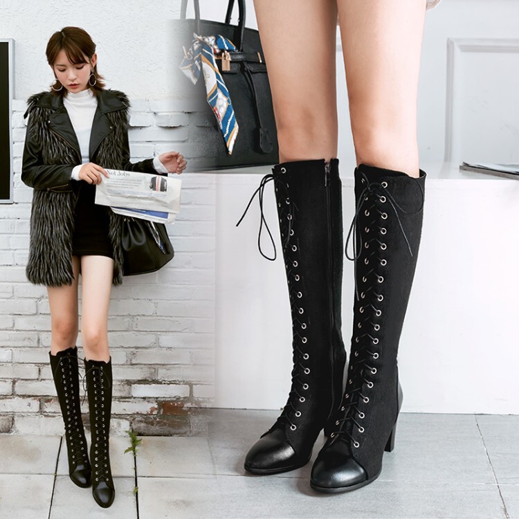 2021 women's shoes gray Army Green boots lace-up high heel high boots plus size women's boots small size women's shoes 33-48