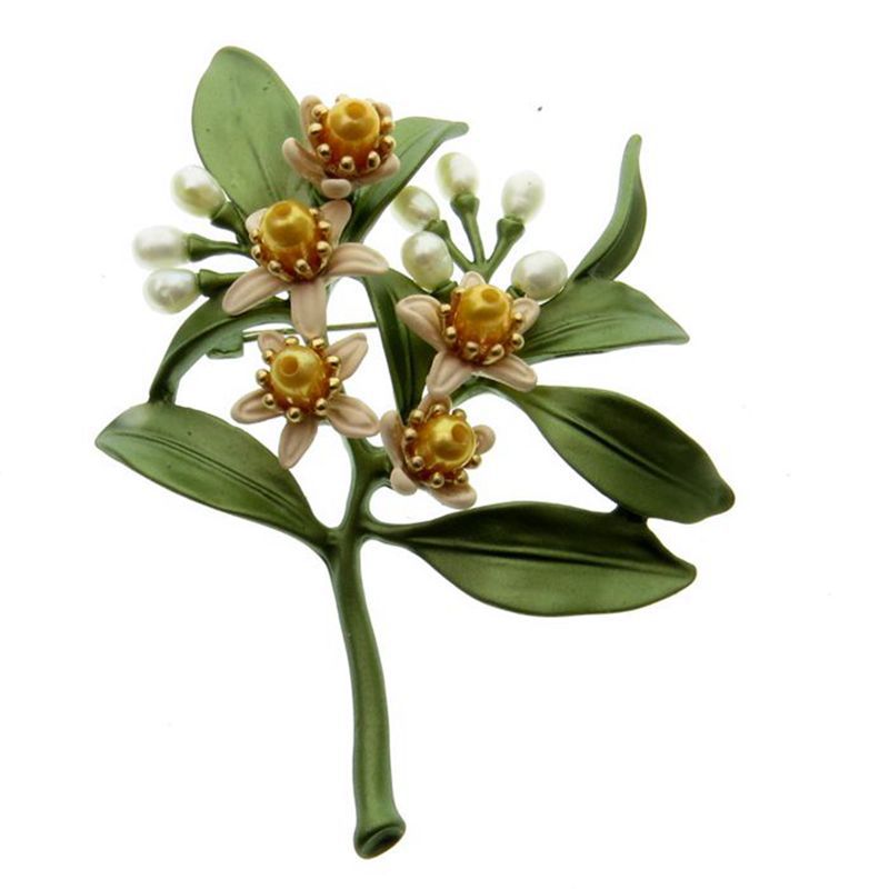 饰品 Vintage橙花树叶天然珍珠绿色古董烤漆复古女丝巾扣胸花胸针|ru