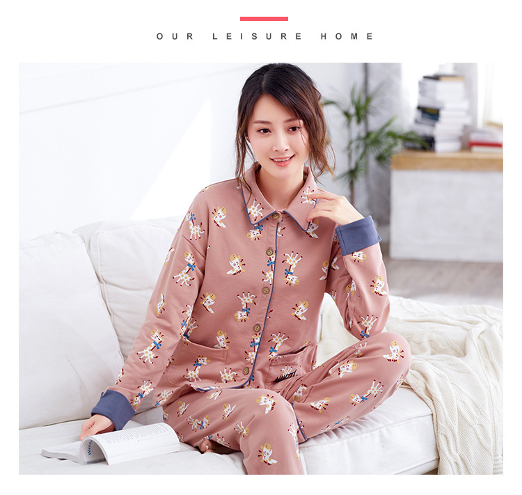 【秋季女睡衣中年少妇扣子套装夏季纯棉长袖女