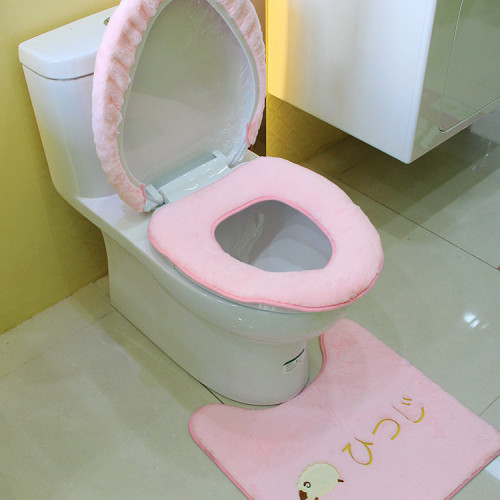Wholesale winter cartoon cute squinting sheep thickened toilet mat toilet seat floor mat three-piece set