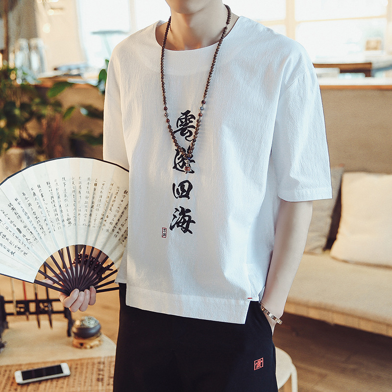男士T恤夏季潮流个性中国风文字印花刺绣圆领体恤男士潮大码短袖