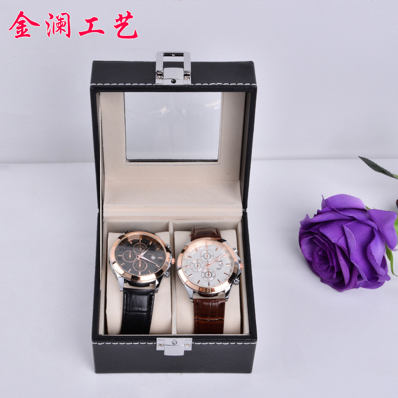 现货简约PU皮2位手表盒子 开窗情侣手表收纳展示盒首饰盒包装盒礼