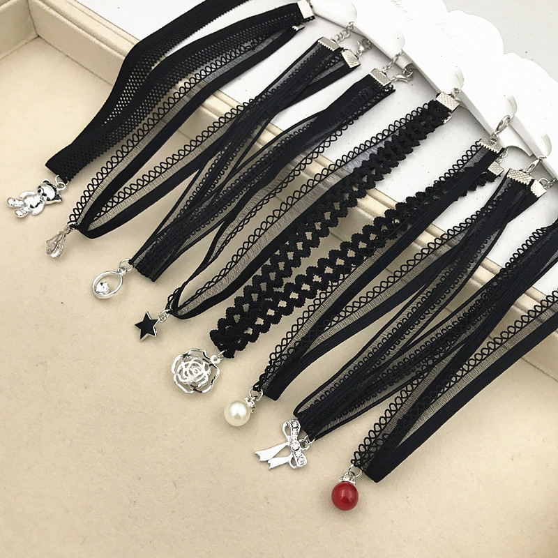 韓版原宿絨帶蕾絲頸帶項圈女士短款鎖骨鏈頸鏈朋克特蘿莉毛衣項鏈