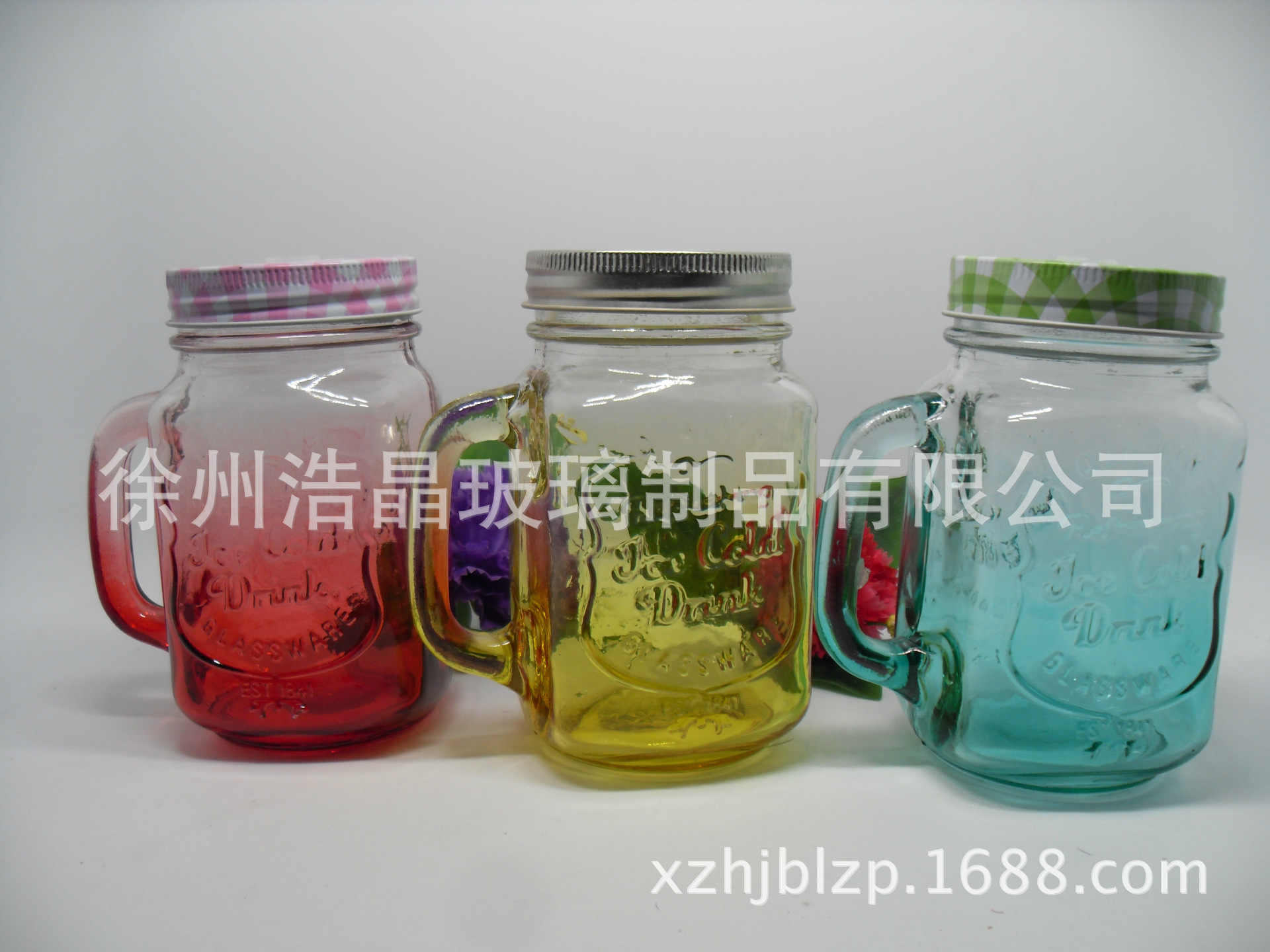 夏季梅森杯带盖吸管梅森瓶柠檬杯子果汁杯把手饮料杯厂家定做