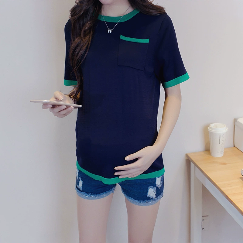 2017 Лето Новый Материнства Мода Ледяной Шелк С Коротким Рукавом Беременных Женщин Топ Карман Корейский Повседневный Модный Мама