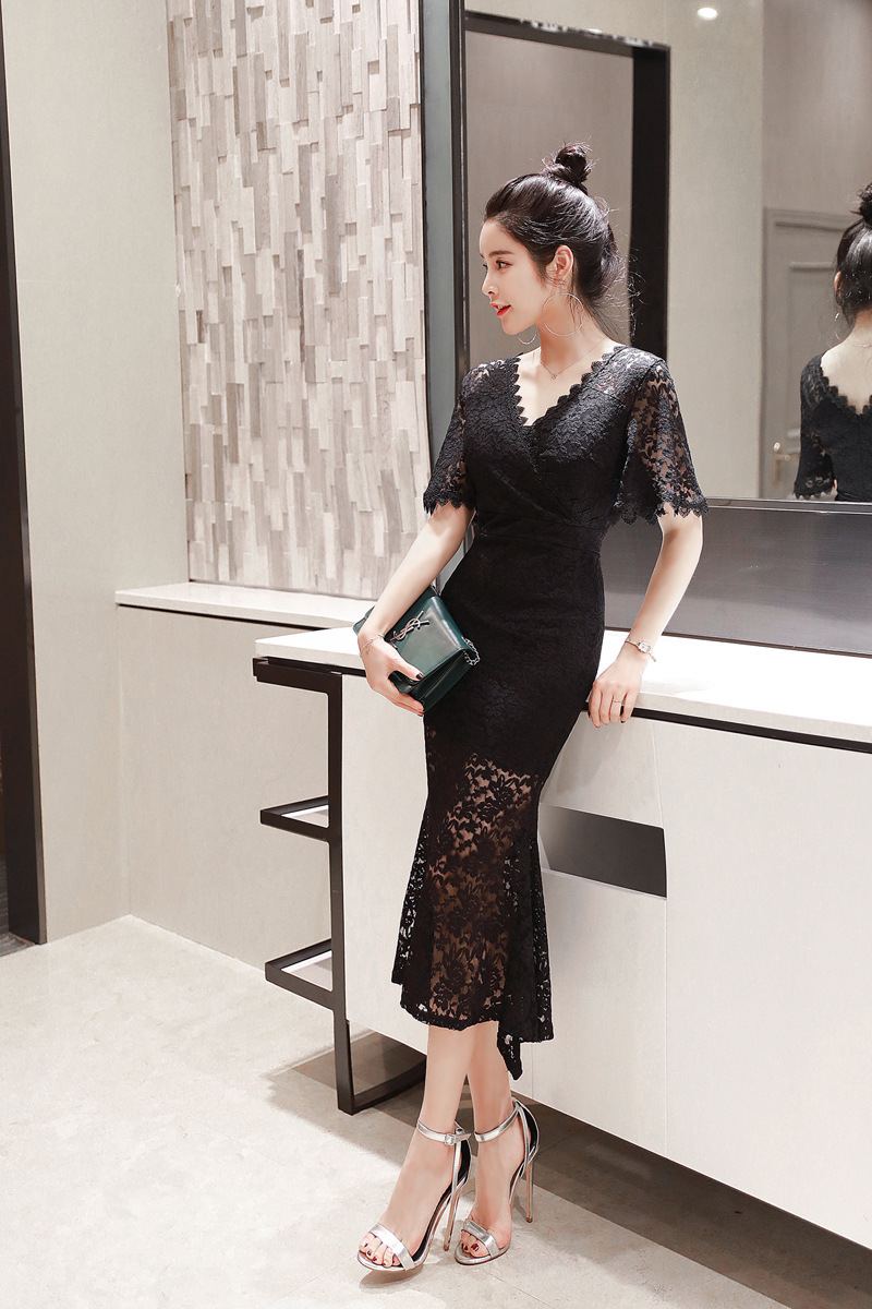 Đầm nữ cổ chữ V ren ôm body dáng dài — Màu đen chi tiết 15