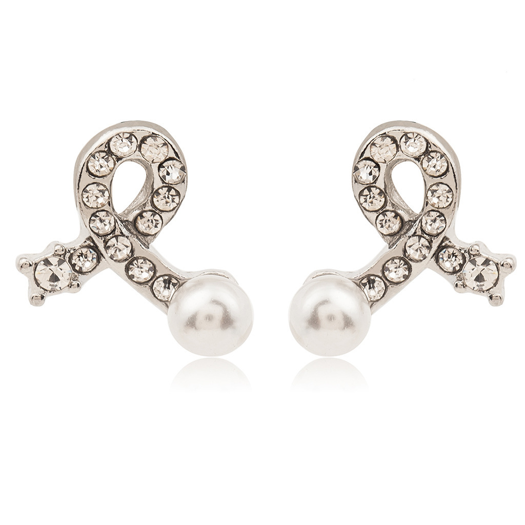 Fashion Bow Earrings Silver Plated Inlaid Pearl Crystal Earrings Simple Love Earrings Wholesale display picture 10