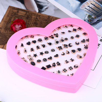 2019爆款韩版塑料树脂耳钉女饰品 创意36对爱心盒装耳针厂家批发