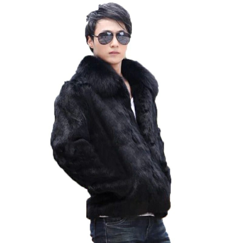 New Men's Rabbit Fur Coat Fox Fur Collar Fur Coat Top Mid-length Rabbit Fur Coat