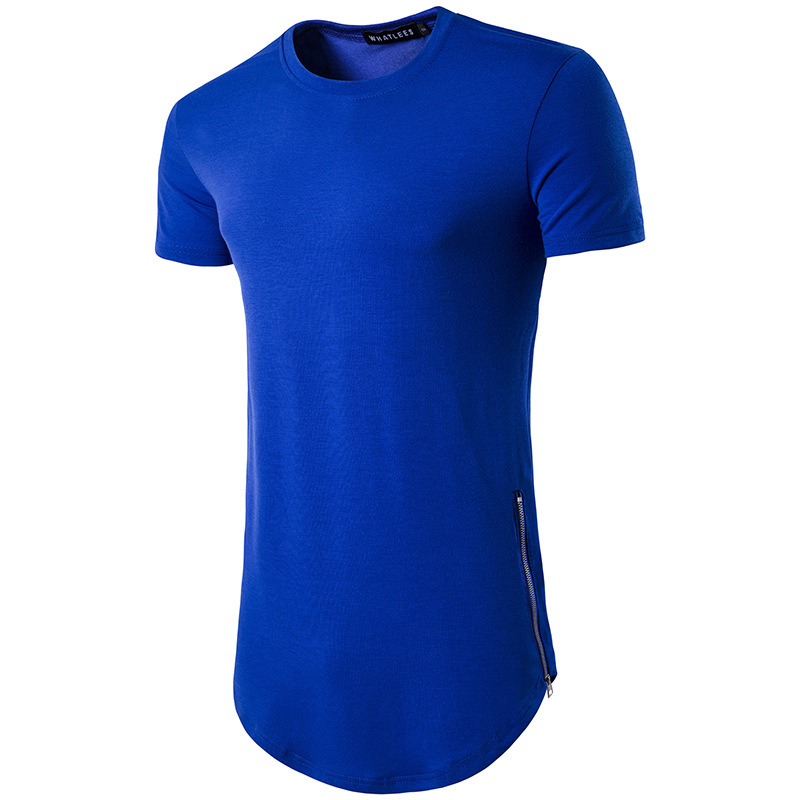 Summer men's high street style double zipper crew neck slim short sleeve t-shirt men's large long thin T-shirt