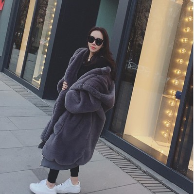 2019新款女装外套仿獭兔毛加厚加长款连帽人造毛原创皮草大衣