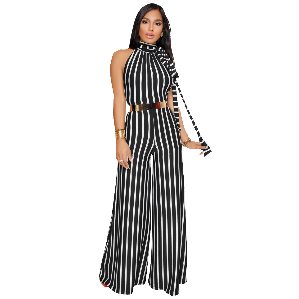 Striped Lace Up Backless Wide Leg Jumpsuit NSMRF116732