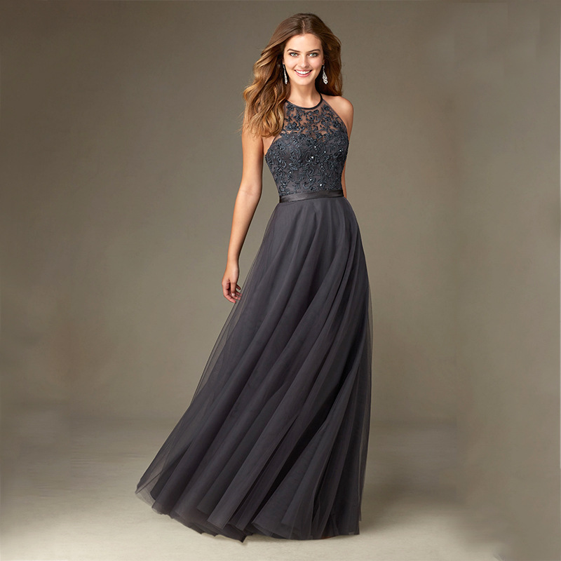 2018高定挂脖式露背伴娘礼服长款显瘦蕾丝伴娘服女式晚礼服婚礼