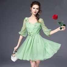 春季新款淑女修身收腰网纱裙子性感V领连衣裙