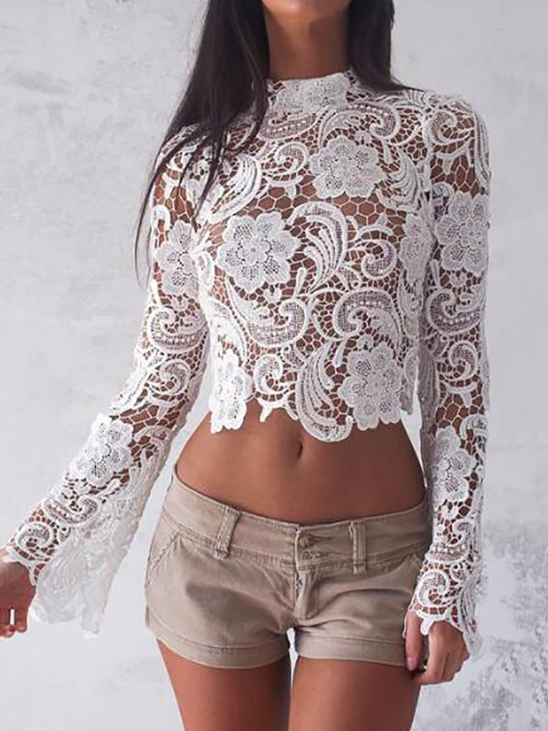 Autumn 2017 New Small Stand Collar Full Lace Perspective Sexy Long Sleeve Short Top for Women Autumn 2017 New Small Stand Collar Full Lace Perspective Sexy Long Sleeve Short Top for Women