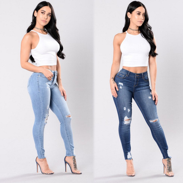 European web celebrity pants elastic holes jeans pencils