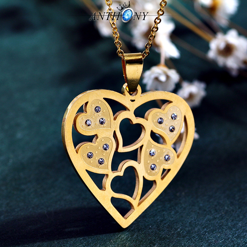 Fashion Titanium Steel Rhinestone Hollow Heart Pendant Necklace Earrings Set display picture 1