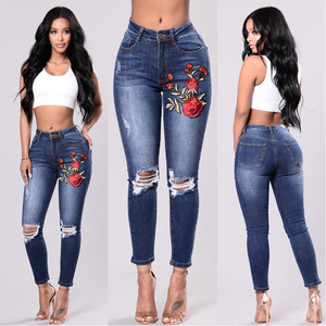 Pants holes embroidered high waist jeans and long trousers