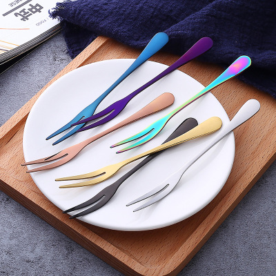 colour Stainless steel cutlery Fruit fork high quality Fruit sign Two teeth Cake Moon Cake Fork Customize LOGO