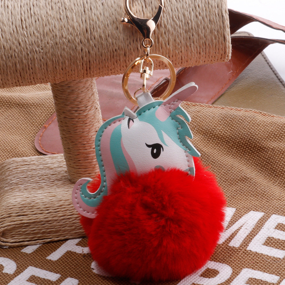 Unicorn Imitation Rex Rabbit Hair Ball Keychain Cartoon PU Pony Bag Plush Pendant Car Keychain Girlspicture16