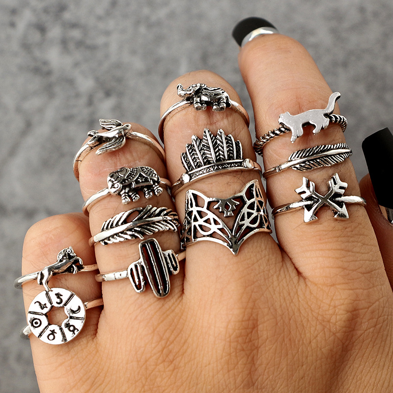 New Fashion Retro Alloy Leaf Fox Elephant 12-piece Set Rings For Women display picture 2