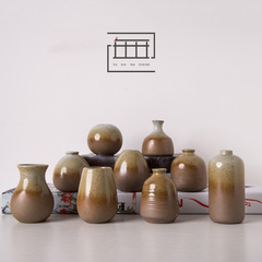 Retro rough pottery small vase, hydroponic green plant flower pot, Japanese tea ceremony tea tray desktop creative flower vessel decoration