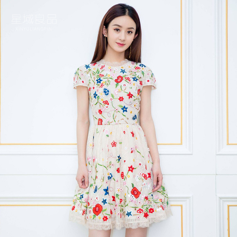 赵丽颖明星同款衣服女2017新款花朵刺绣蕾丝