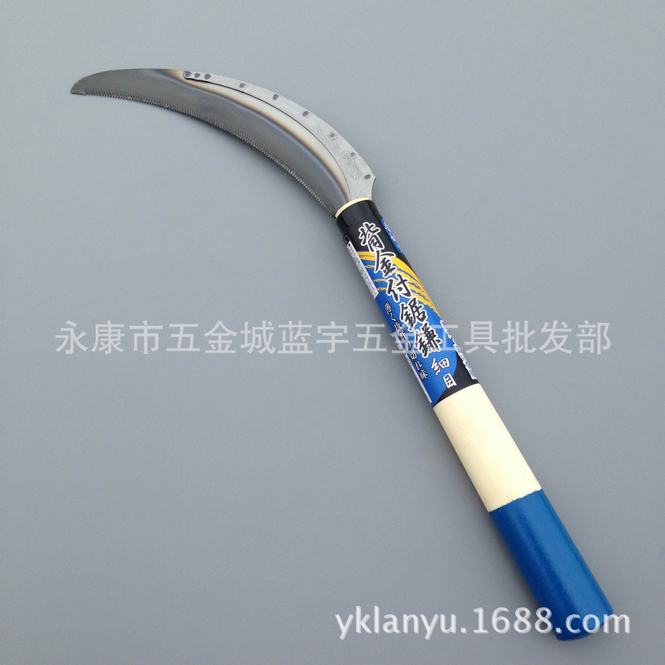出口日本SK5钢正背金付锯镰刀 割野菜割草工具收割农具带齿镰刀