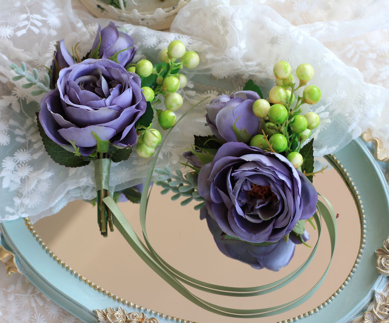 韩式茶玫仿真花结婚胸花浆果结婚新娘手腕花