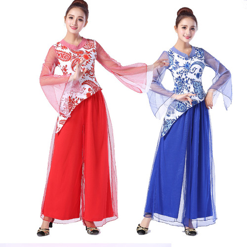 Chinese Folk Dance Dress National blue and white porcelain square dance suit national performance costume Latin dance dress female