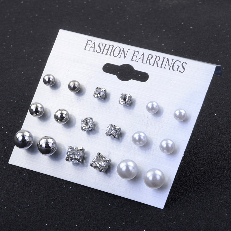 Jewelry Pearl Rhinestone Earrings Stud Earrings 9 Pairs Board Set display picture 9