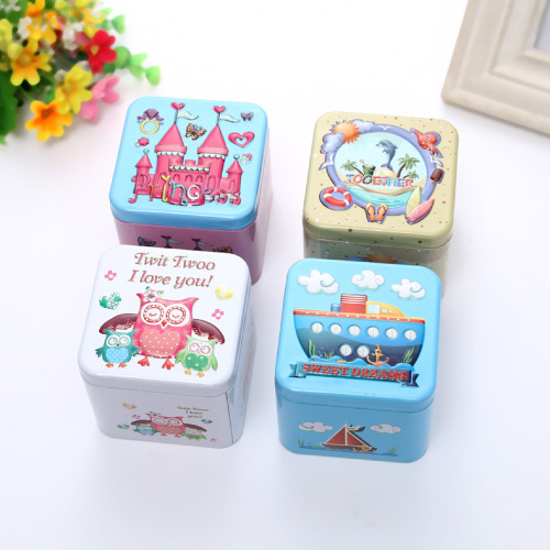 Creative square embossed metal tins packaging box for cartoon metal accessories Storage box for children