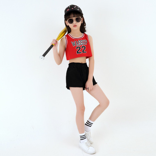 New Korean-style children's jazz dance performance costumes for girls, street dance red sporty tank tops, modern JAZZ performance.