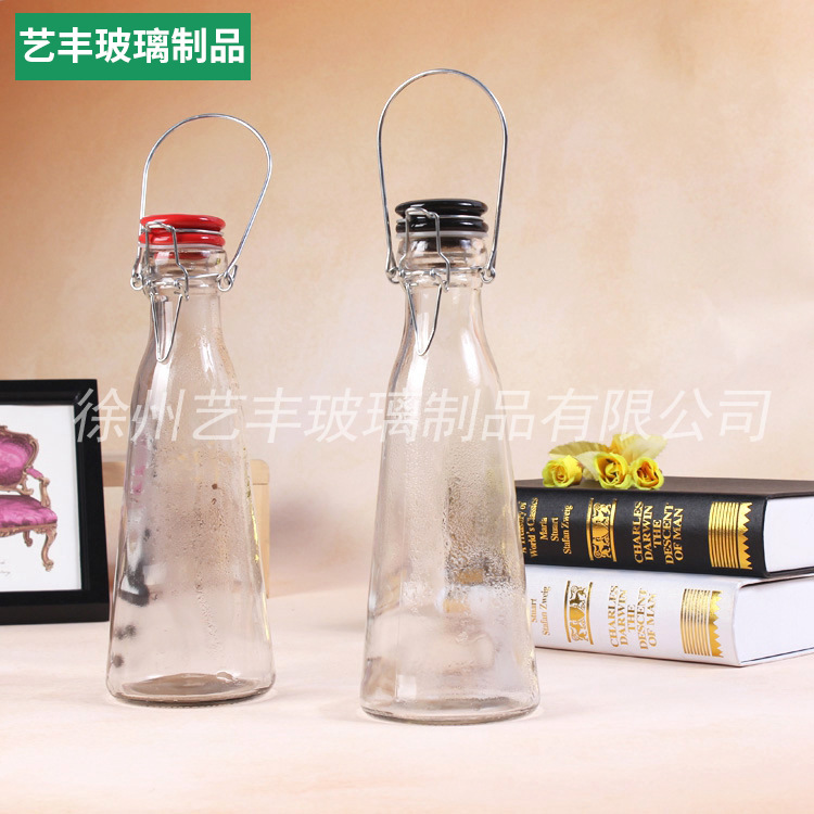 带提手玻璃奶瓶 陶瓷盖鲜奶玻璃瓶果汁饮料瓶可定制 厂家直销