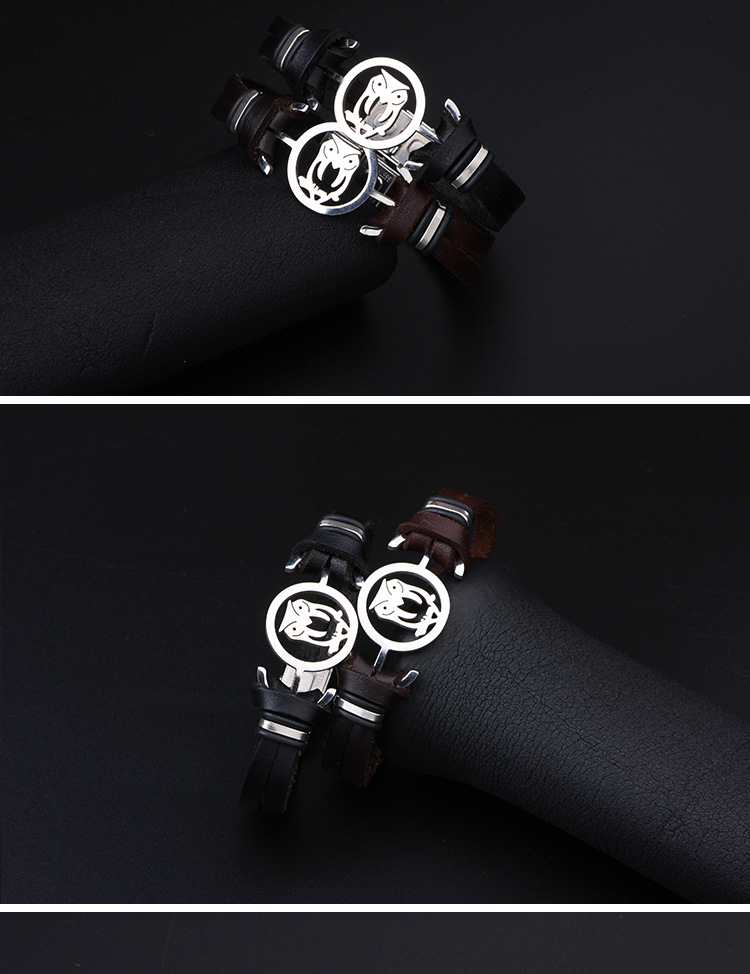 Creative Fashion Stainless Steel Hollow Owl Leather Bracelet display picture 1