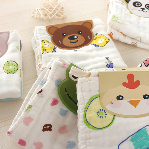 Two-piece set 25*50 high-density gauze baby towel handkerchief cotton infant children's face wash small towel cartoon printed square towel