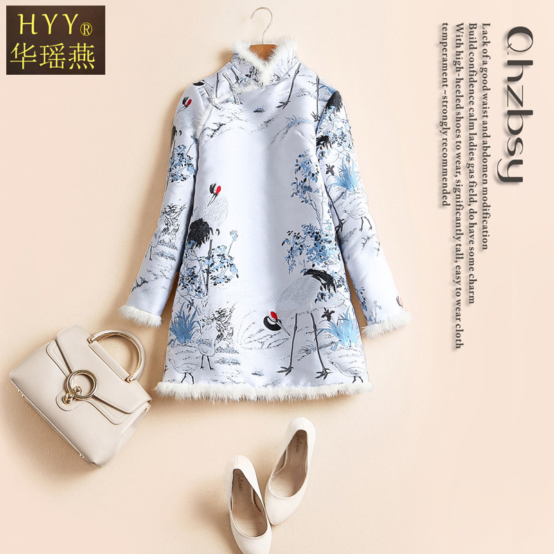 秋冬新款提花加棉保暖复古时尚裙唐装盘扣百搭旗袍女装连衣裙