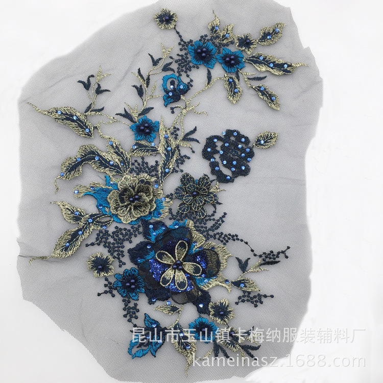 Poliéster bordado de seda macaron negro oro azul con cuentas de diamantes de imitación tridimensional encaje flor pegatinas bordado flor parche