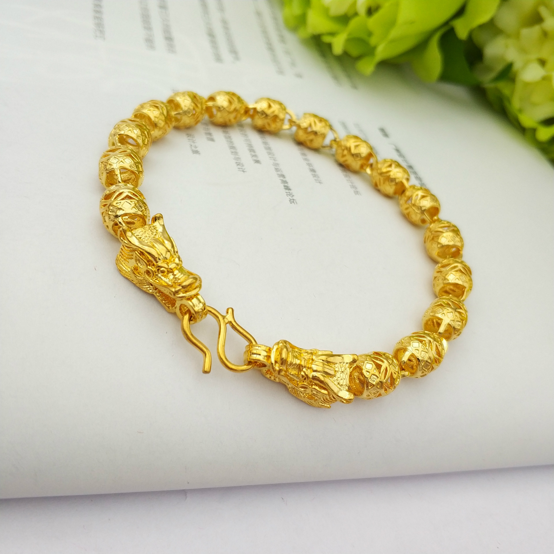 24K Yellow Gold Plated Double Dragon Head Lantern Chains Bracelet