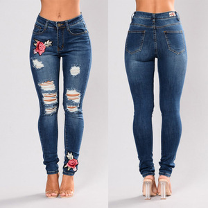 women wear holes embroidery elastic foreign trade denim pants