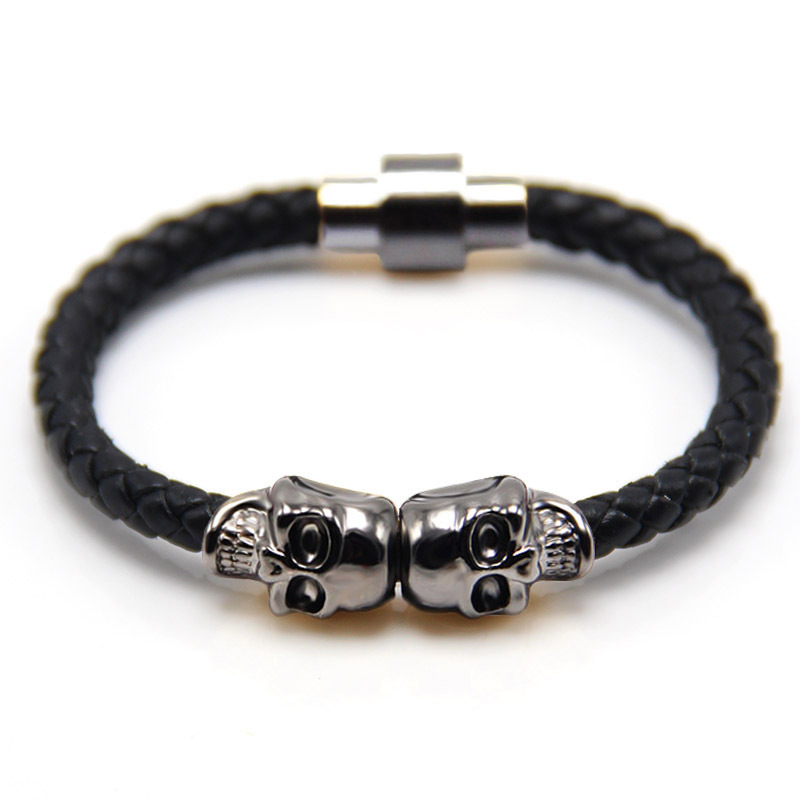 Men's Skull Charm Braided Black Cowhide Bracelet