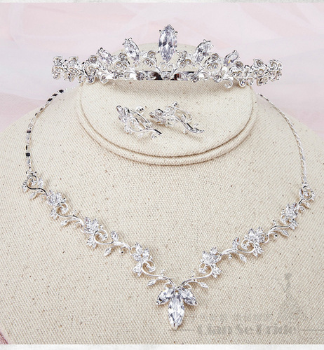Bridal tiara, zircon crown necklace and earrings three-piece set, Korean wedding tiara, wedding accessories